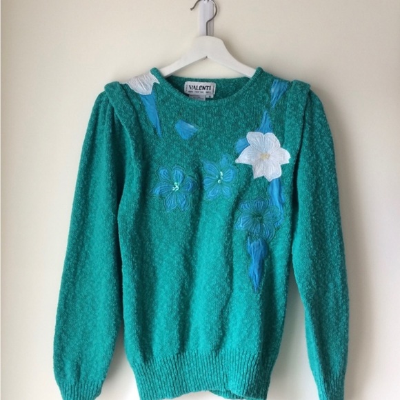 Green Vintage floral appliqué and sequin sweater - Picture 2 of 5